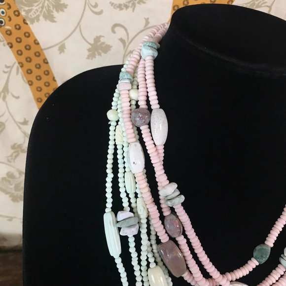 2 Necklace Lot Dyed Bone Agate Stone Boho Bohemian Multi Strand Necklaces India - Picture 6 of 10